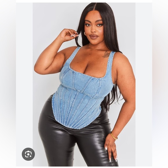 PLT PLUS VINTAGE LIGHT WASH SEAM DETAIL DENIM CORSET SEXY BUSTIER STYLE JEAN TOP - Picture 2 of 13